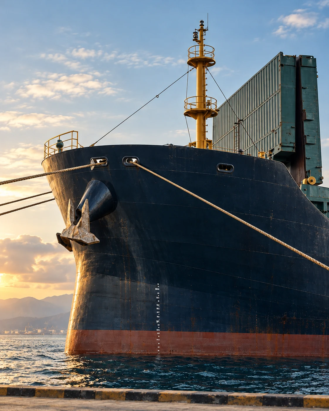 Container ship bow, anchor and golden mast in warm harbor light