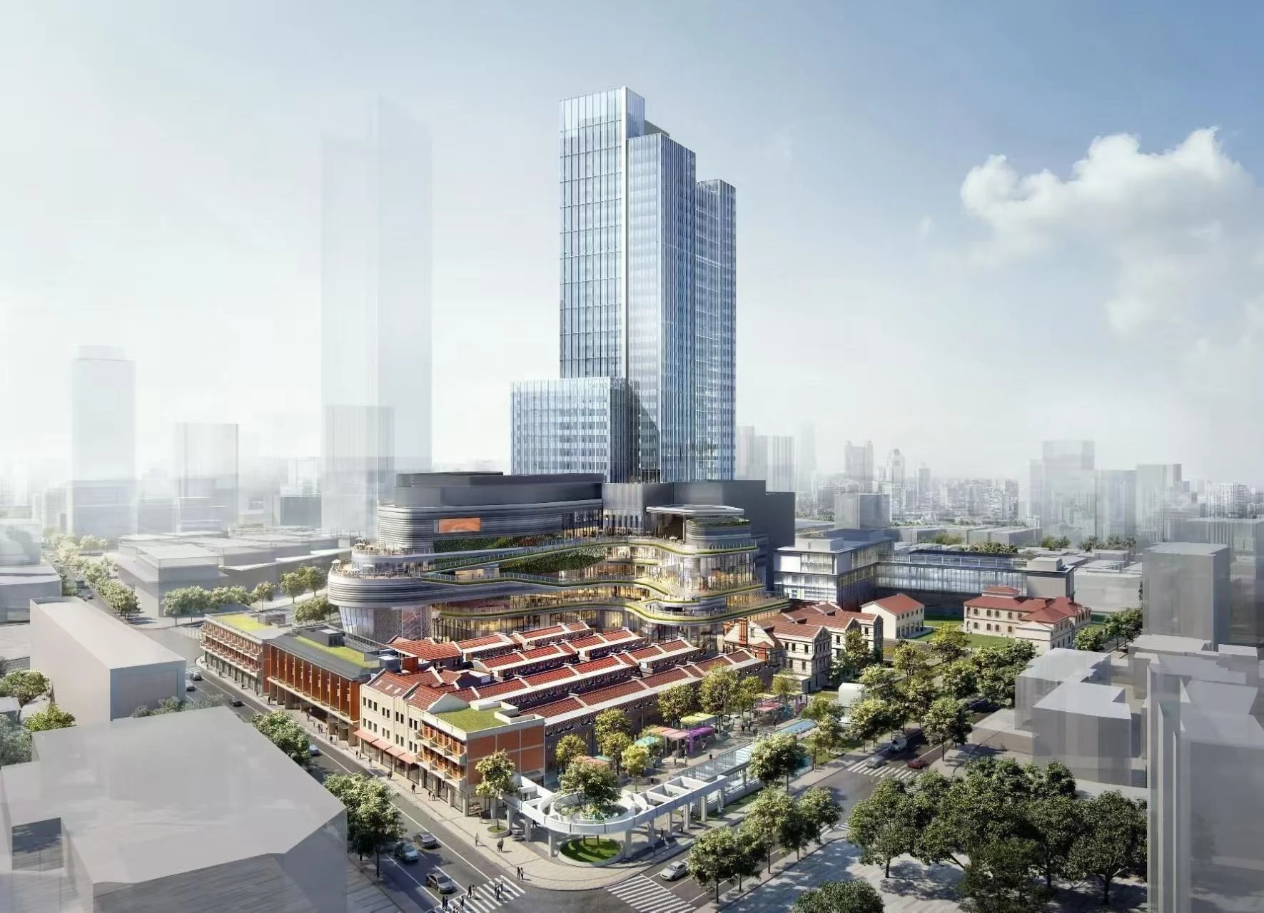 Architectural rendering of Bingang Center, showing its glass tower and surrounding Shanghai streets