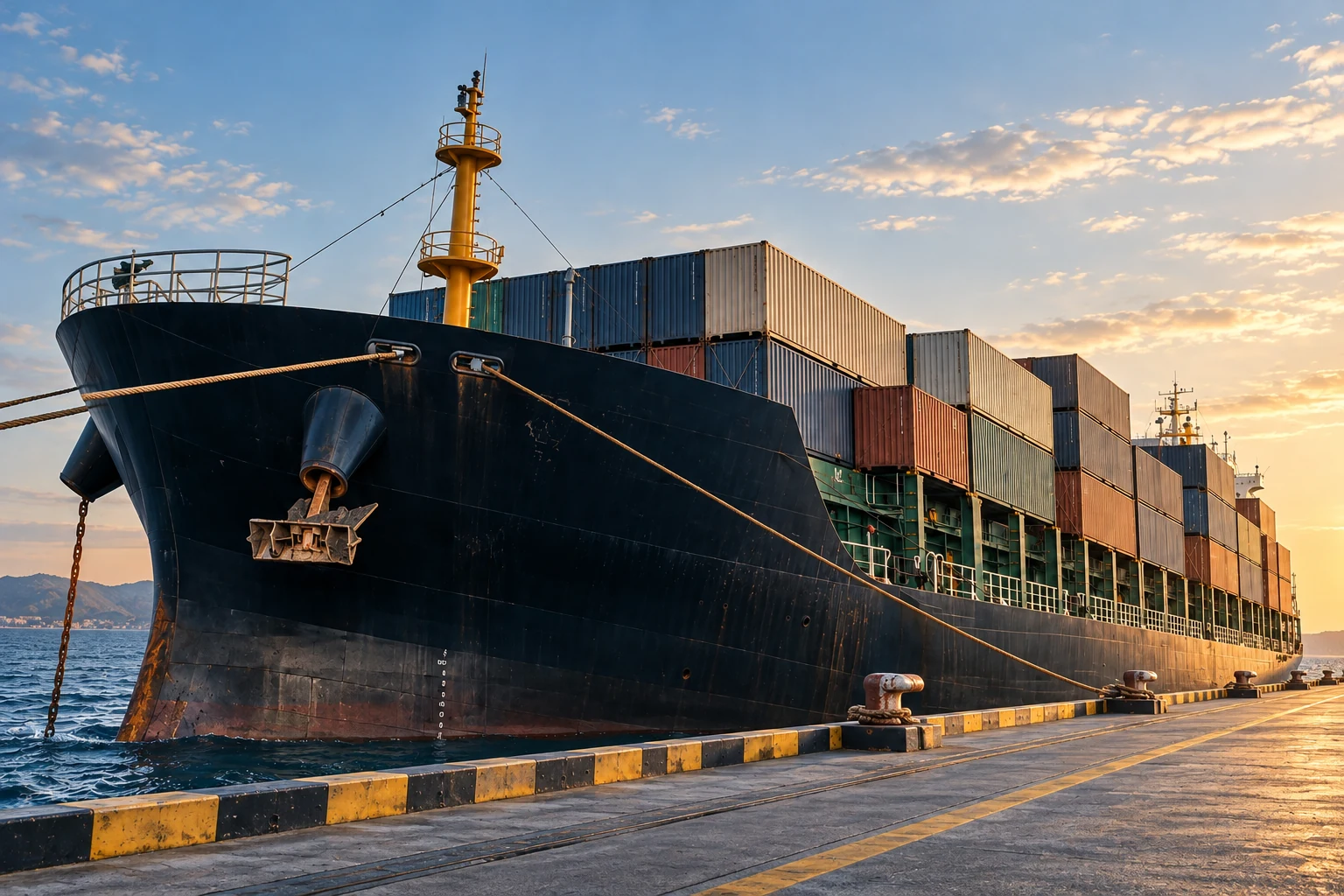 Container ship moored alongside a quay in warm golden light