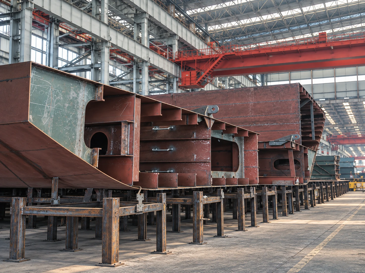 Fabricated steel hull blocks beneath an overhead crane in a shipbuilding workshop