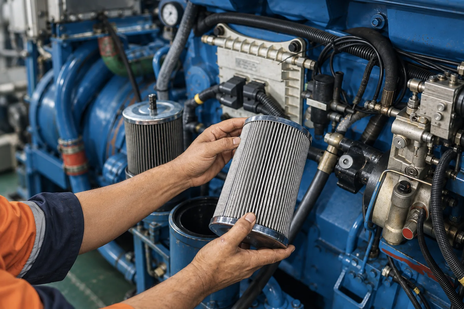 Hands holding a replacement filter beside blue marine engine components